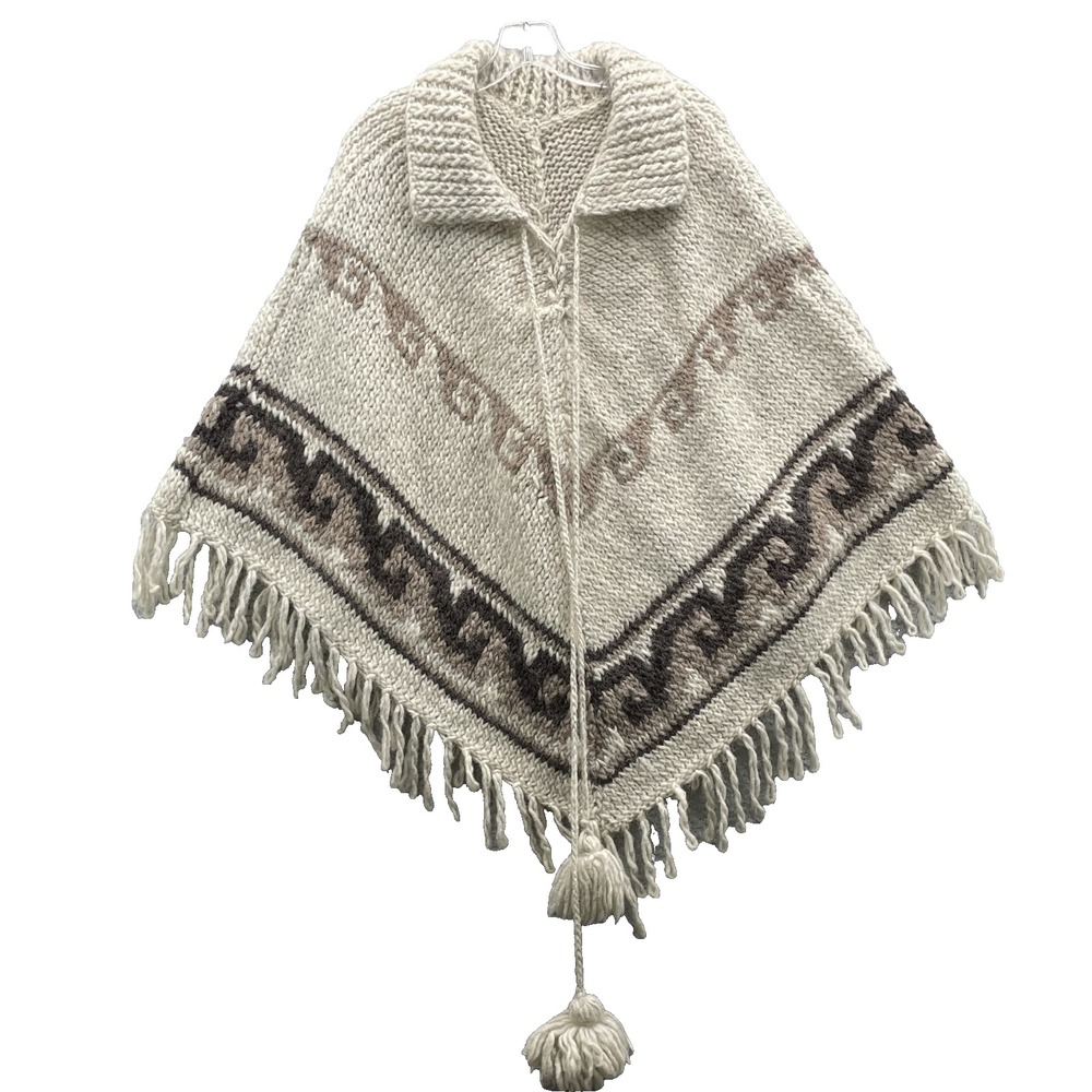 Artisinal Poncho Sweater Womens OSFA Beige Chunky Hand Knit Minimalist 90's Boho